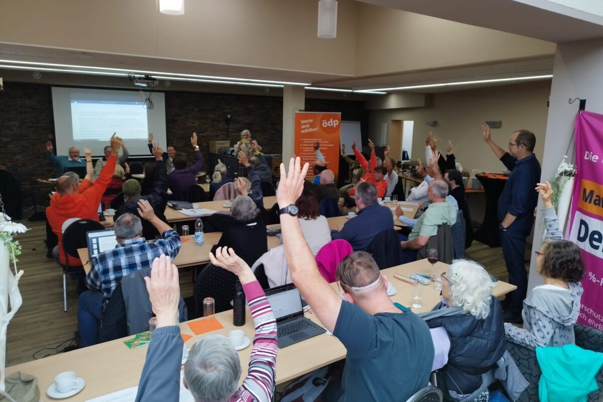 Delegierte auf dem Landesparteitag der ÖDP Rheinland-Pfalz bei einer Abstimmung. Foto: ÖDP Rheinland-Pfalz