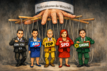 Profit-Lobbyisten der Wirtschaft aus verschiedenen Parteien als Marionetten-Figuren. Grafik: ChatGPT/Codex