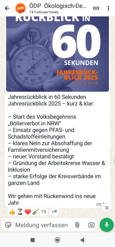 Ein Beitrag im WhatsApp-Kanal der ÖDP NRW: Jahresrückblick 2025. Screenshot: ÖDP