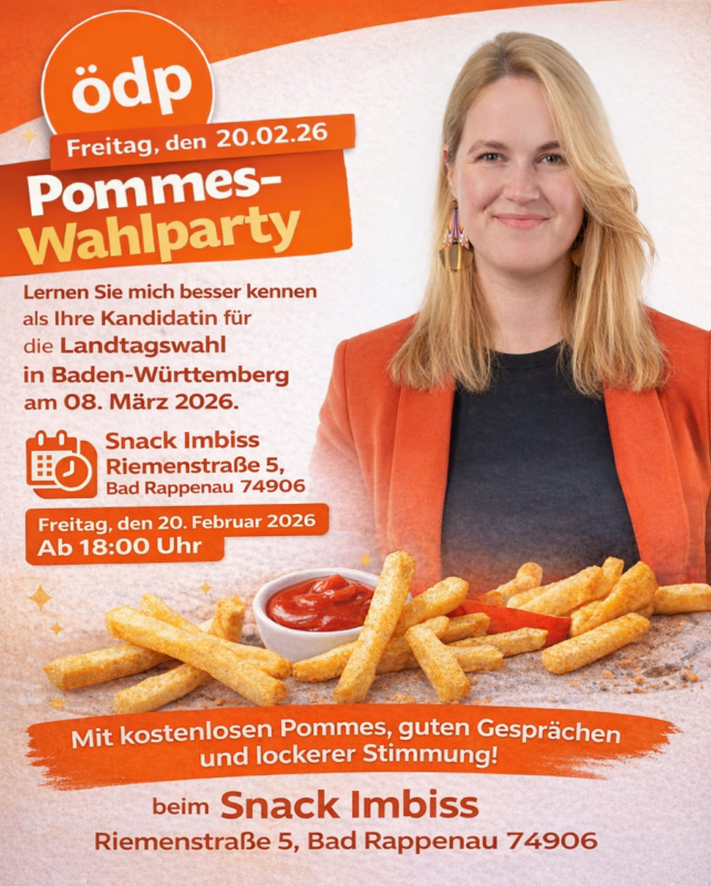 Zahlreiche Bürgergespräche und Pommes-Wahlparty: Direktkandidatin Carina Menakker gestaltete ihren Wahlkampf besonders kreativ. Als Lohn erhielt sie beachtliche 1,4 % Erststimmen (Zweitstimmen: 0,4 %). Herzlichen Glückwunsch! Grafik/Foto: Carina Menakker