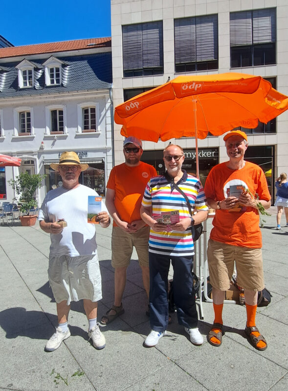 Vier ÖDP-Mitglieder in sommerlicher Kleidung stehen an einem Infotisch mit Sonnenschirm der ÖDP in der Fußgängerzone von Saarbrücken. Foto: Tobias Braun