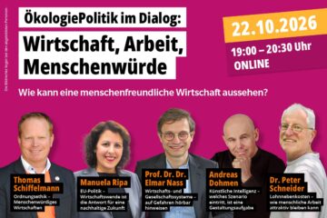 Einladung zur Online-Veranstaltung: ÖkologiePolitik im Dialog am 22. Oktober 2026 um 19:00 Uhr zum Thema „Wirtschaft, Arbeit, Menschenwürde: Wie kann eine menschenfreundliche Wirtschaft aussehen?“ – mit Thomas Schiffelmann, Manuela Ripa, Prof. Dr. Dr. Elmar Nass, Andreas Dohmen und Dr. Peter Schneider. Die Bildrechte liegen bei den abgebildeten Personen.